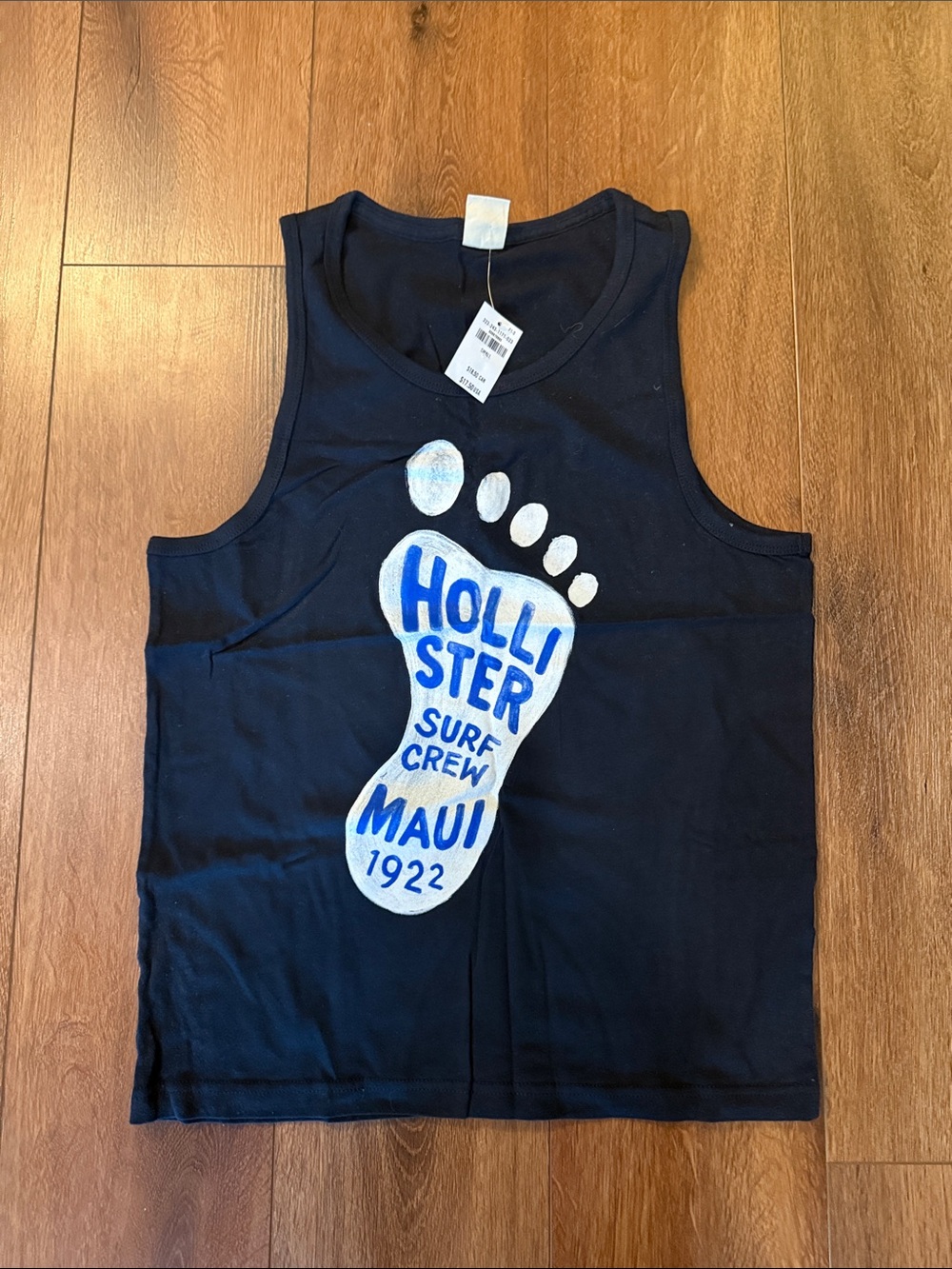 Hollister Men’s Navy Tank with White and Blue Footprint Graphic